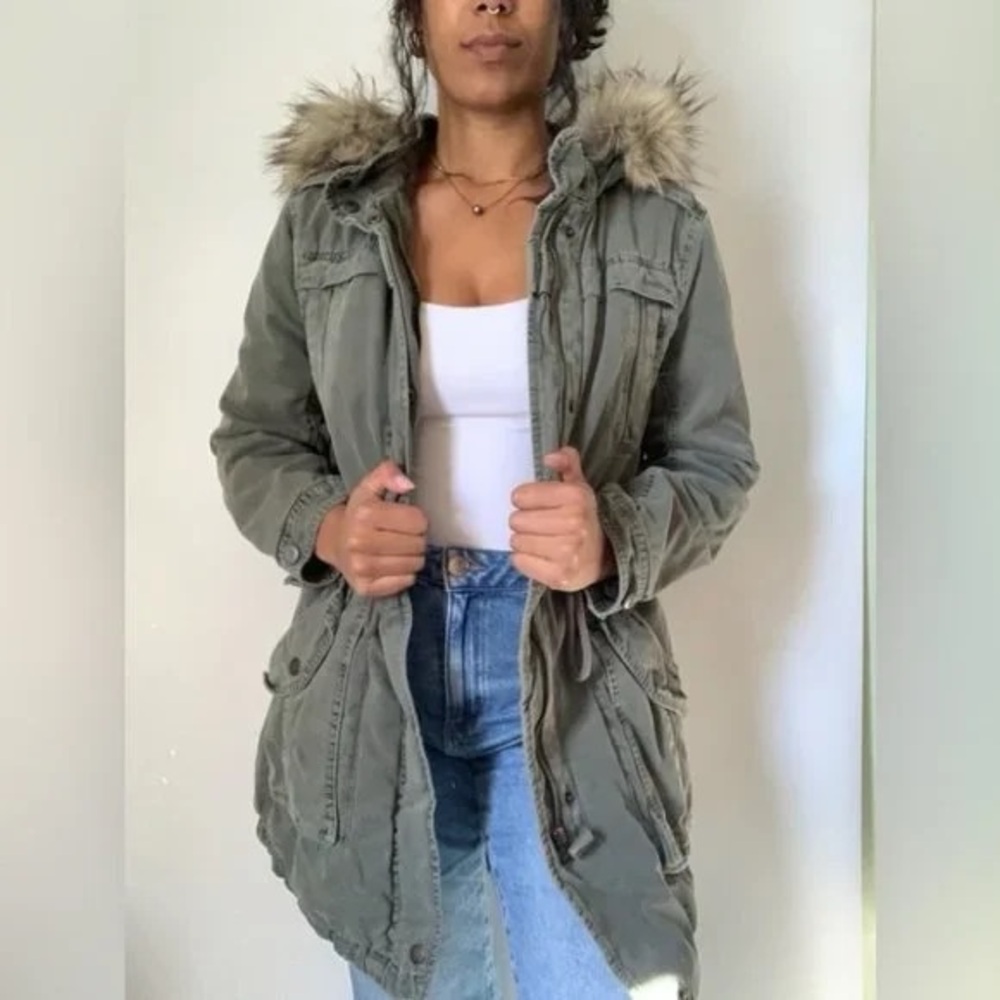 American Eagle Olive Green Cargo Faux Fur Military Anorak Hooded Jacket Size XL